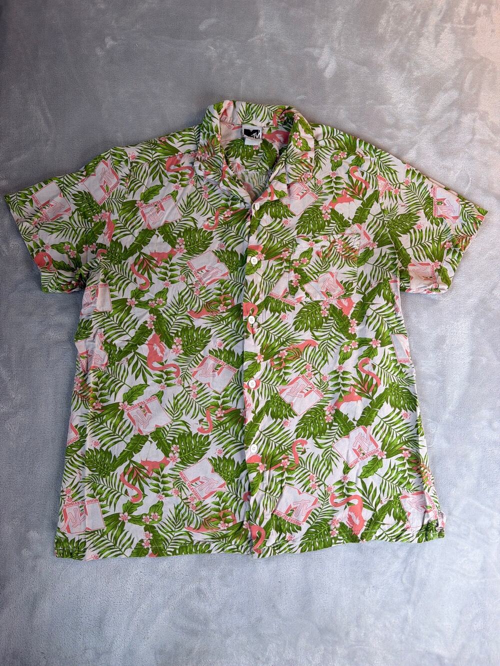 MTV Retro Tropical Flamingo Hawaiian Shirt Men Large Rayon Palm Print Button Up